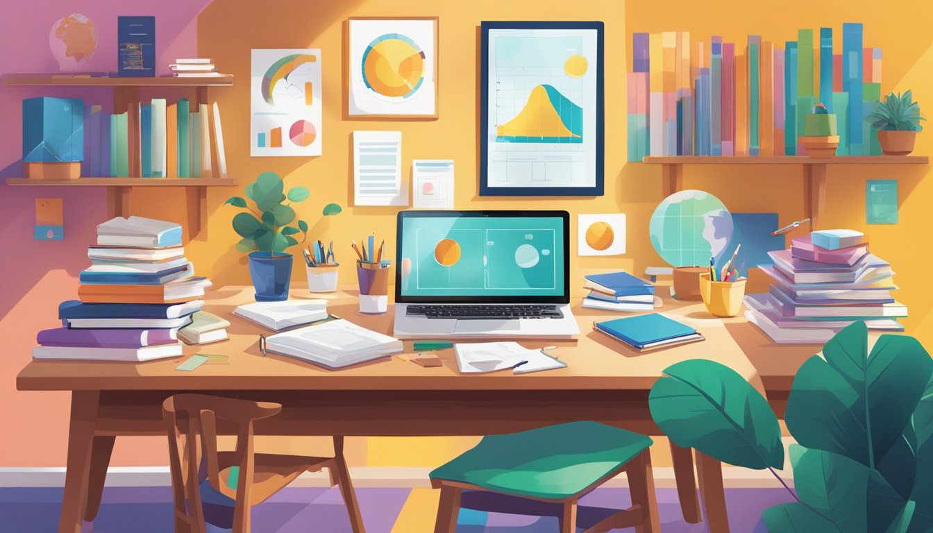 A diverse collection of books, puzzles, and digital devices sit on a
desk, surrounded by colorful charts and diagrams. The room is filled
with natural light, creating a bright and inviting atmosphere for
learning