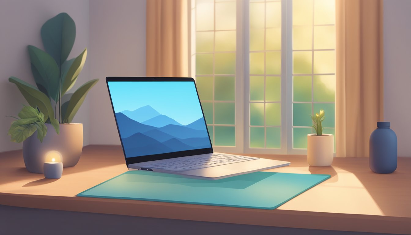 A laptop displaying a virtual yoga class with a serene background. A
yoga mat, blocks, and a water bottle nearby. Peaceful atmosphere with
soft
lighting