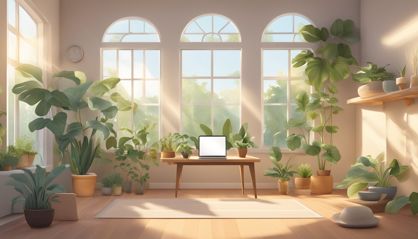 A serene room with a laptop displaying a yoga class, surrounded by
plants and calming decor. Sunlight streams in through a window, creating
a peaceful atmosphere for virtual yoga
practice