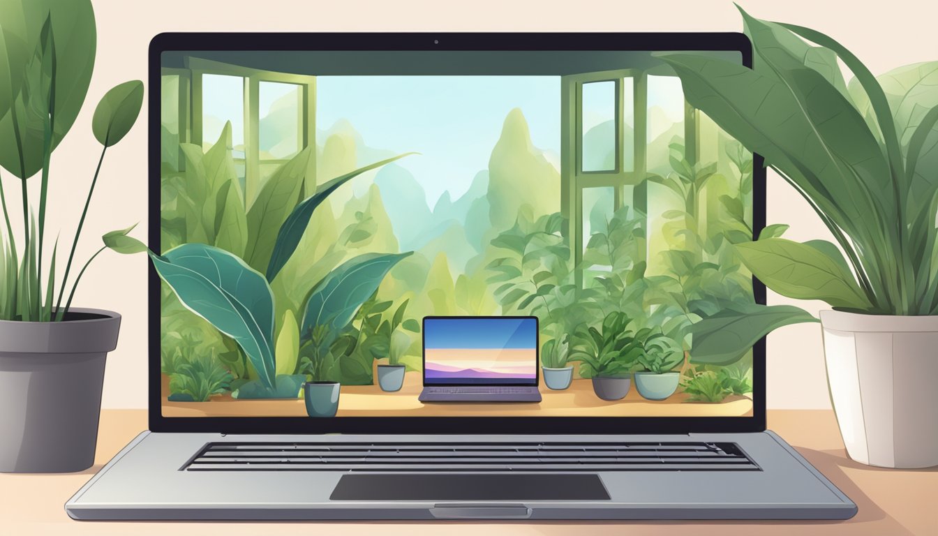 A laptop with a yoga platform on the screen, surrounded by plants and
a calming
atmosphere
