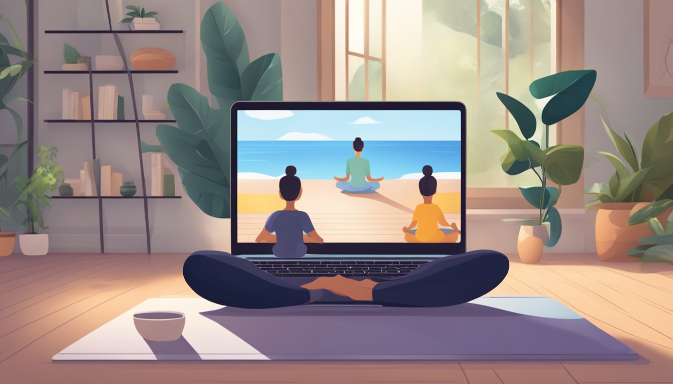 A serene virtual yoga class with a laptop and peaceful surroundings,
showcasing the convenience and tranquility of online yoga
training