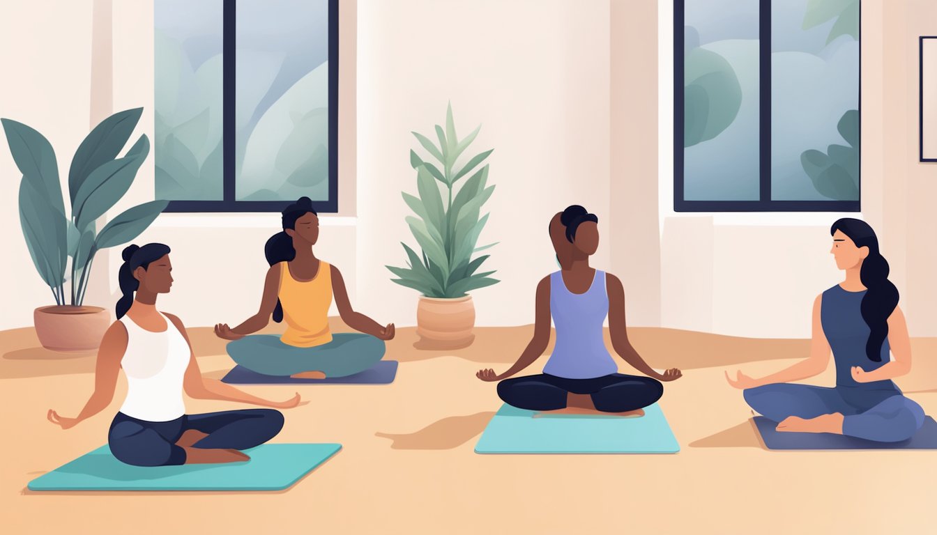 A serene virtual yoga class with various poses, breathwork, and
meditation. Laptops or tablets displaying the instructor and students in
different
locations