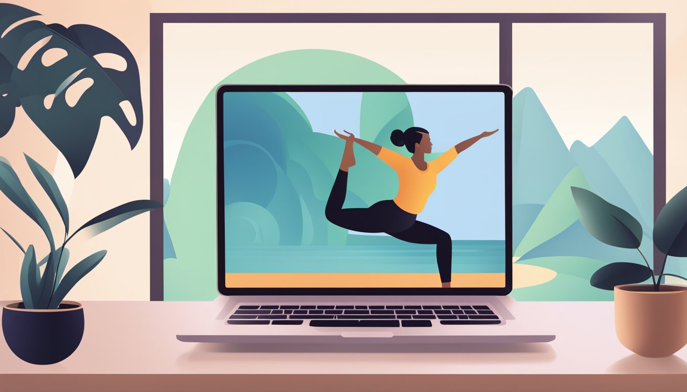 A laptop displaying a virtual yoga class with a serene background. A
person’s silhouette in a yoga pose is visible on the
screen