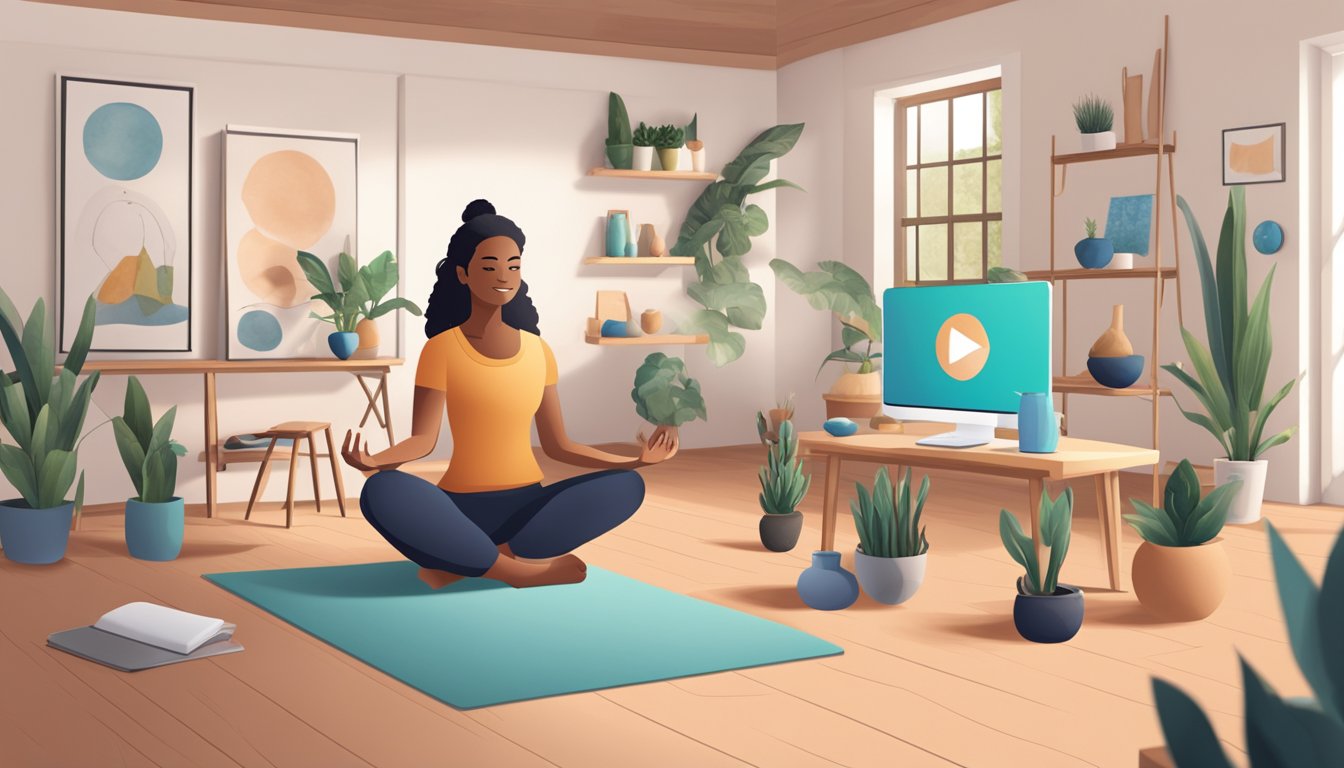 A virtual yoga student faces a screen, surrounded by yoga props. A
laptop displays a live instructor leading a class. The student adjusts
their setup for optimal visibility and
comfort