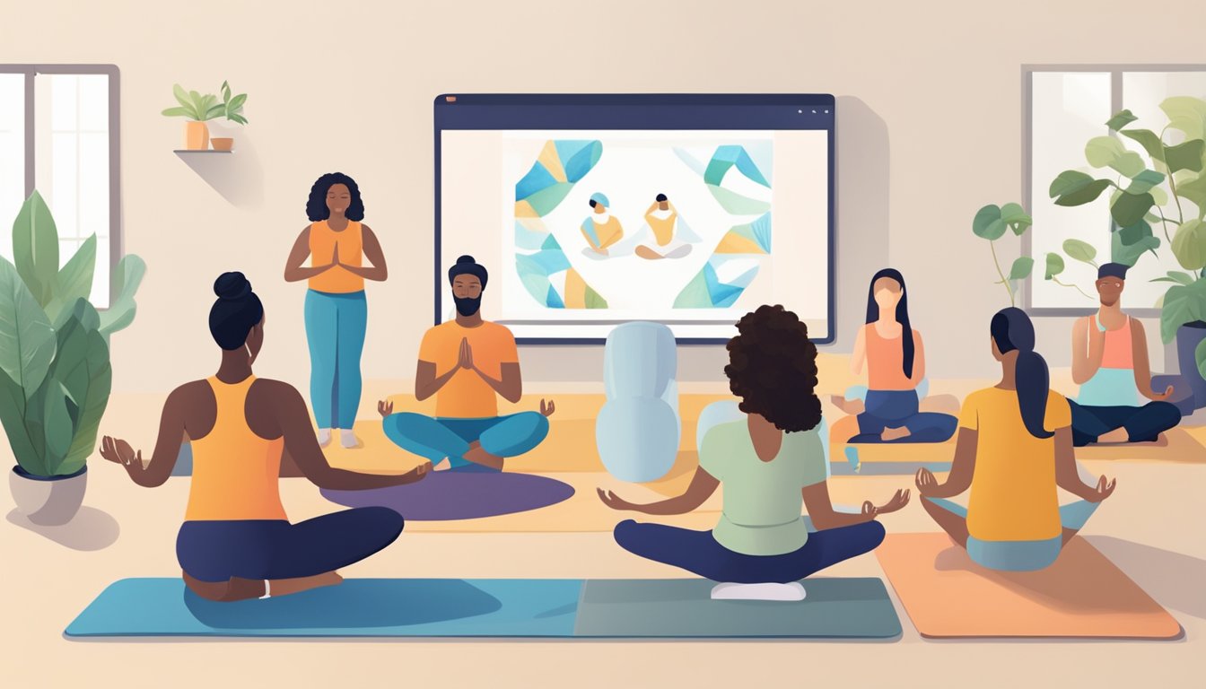 A group of diverse yoga students gather virtually, connecting through
their screens. They engage in a shared practice, fostering a sense of
community and
connection