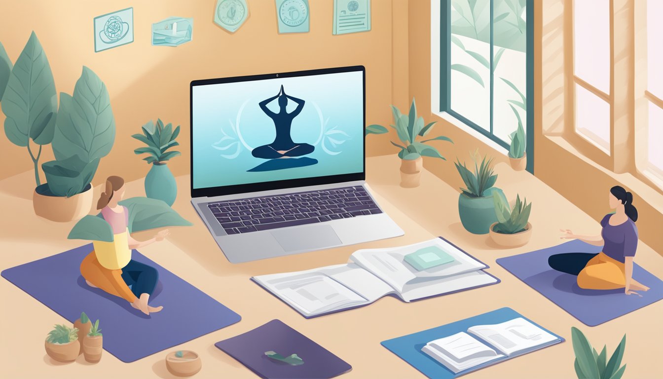 A laptop displaying a yoga certification program with a serene virtual
classroom setting and a variety of yoga poses on the
screen