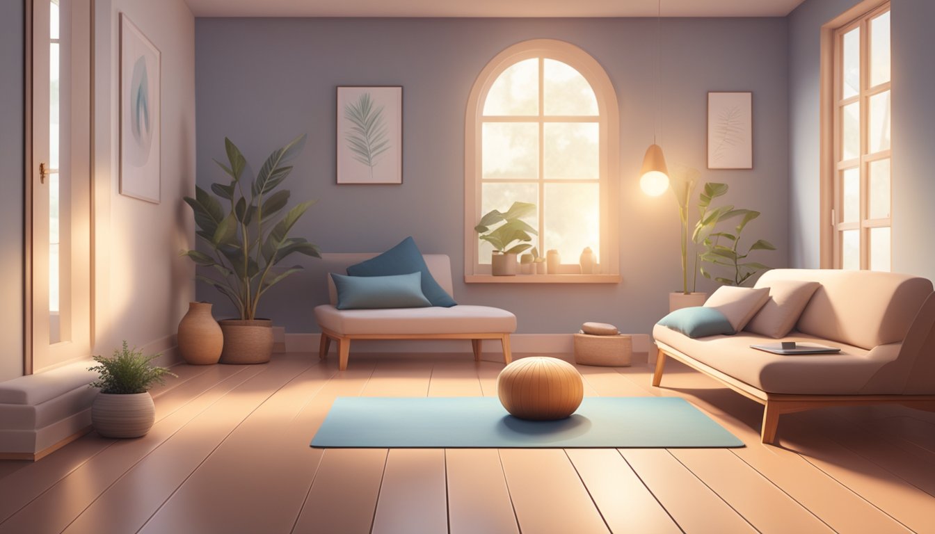 A serene and spacious room with a yoga mat, a laptop displaying a
virtual yoga class, and a peaceful atmosphere with soft lighting and
calming
decor