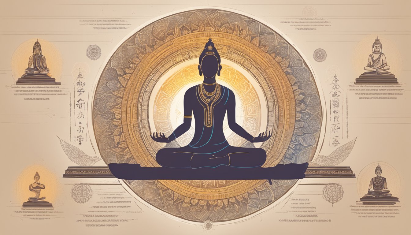 A serene, virtual yoga class with a backdrop of ancient Indian
scriptures and symbols, depicting the fusion of traditional philosophy
with modern
technology