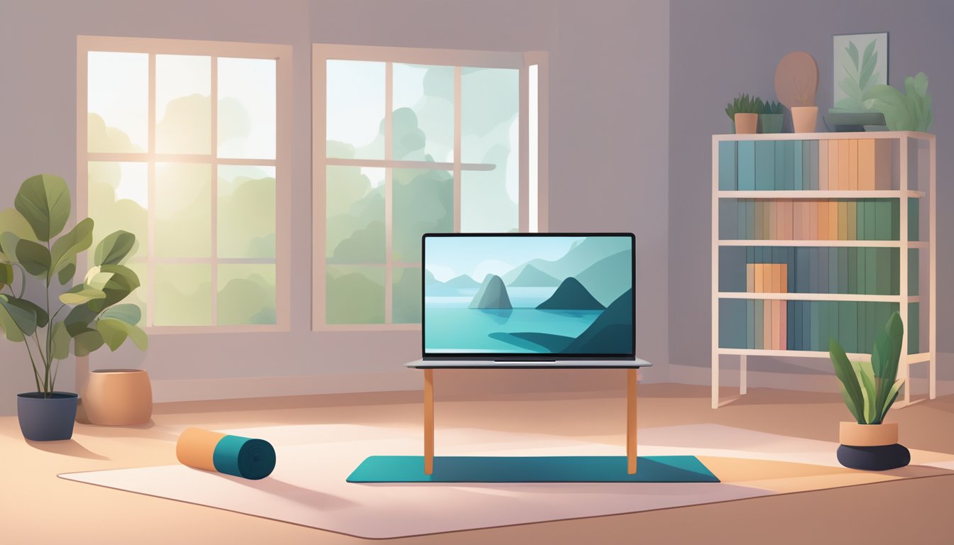 A yoga mat, blocks, and a strap arranged in front of a laptop
streaming an online yoga class. The screen displays a serene setting
with a virtual instructor guiding the
practice