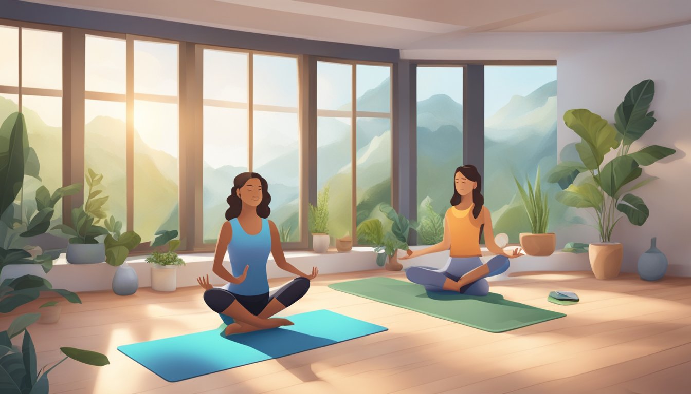 A serene virtual yoga class with digital devices and peaceful
surroundings