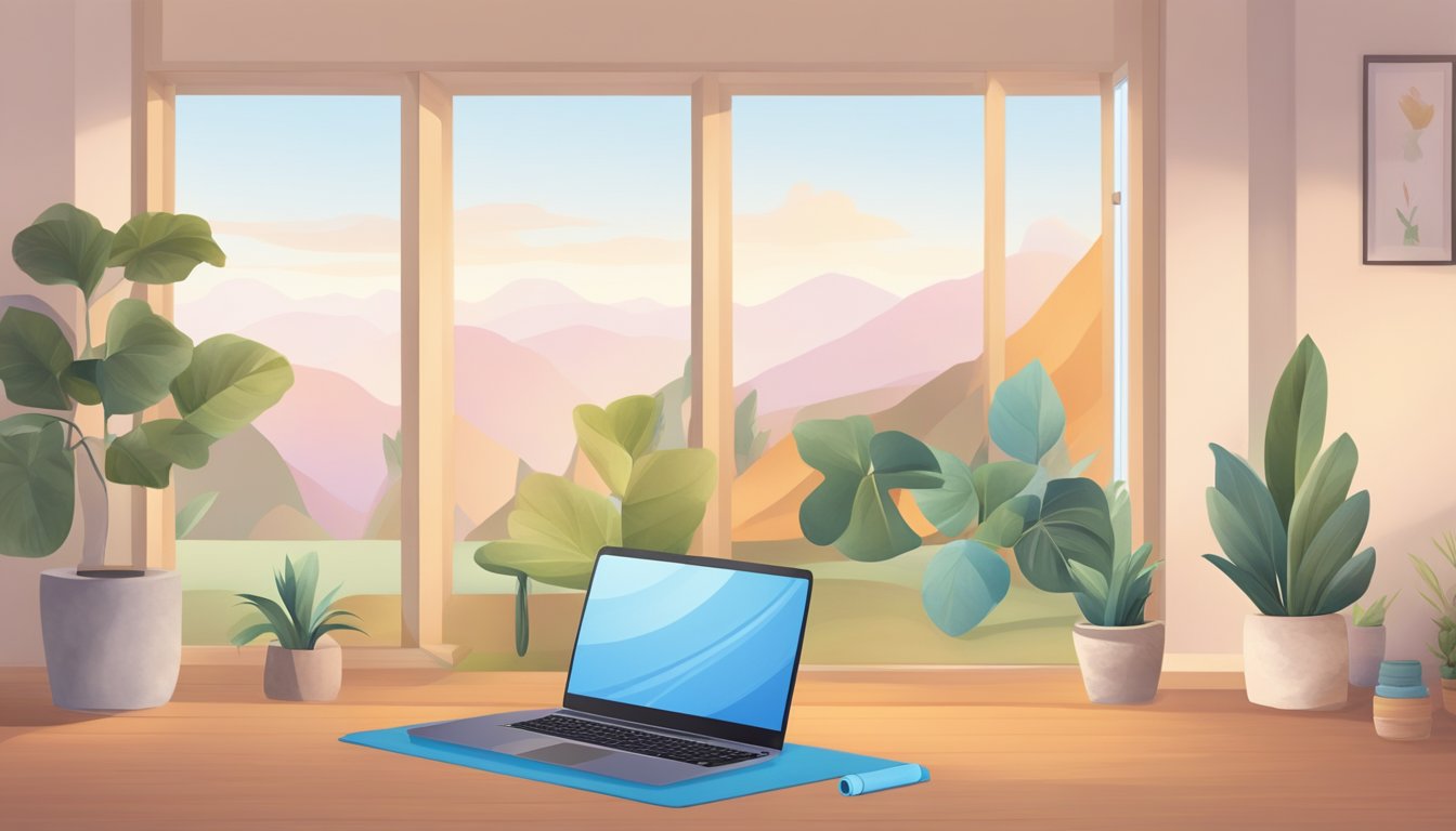 A laptop displaying a virtual yoga class with a serene background. A
yoga mat and props nearby, with a peaceful
ambiance