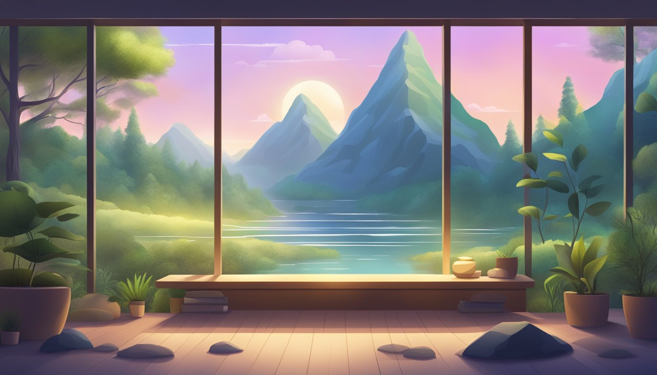 A serene digital landscape with a glowing screen displaying
mindfulness resources, surrounded by calming nature
elements