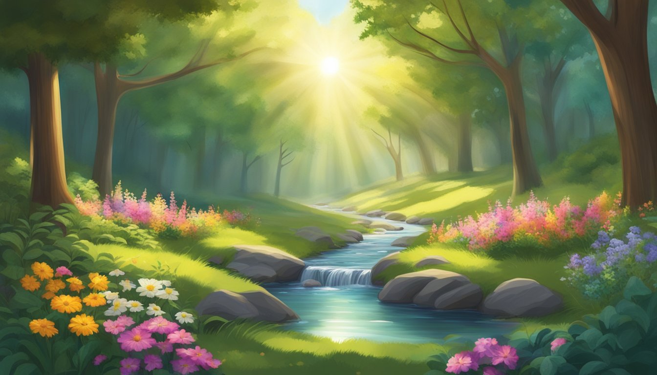 A tranquil forest clearing with a gentle stream, surrounded by lush
greenery and colorful flowers. The sun shines through the trees, casting
dappled light on the peaceful
scene