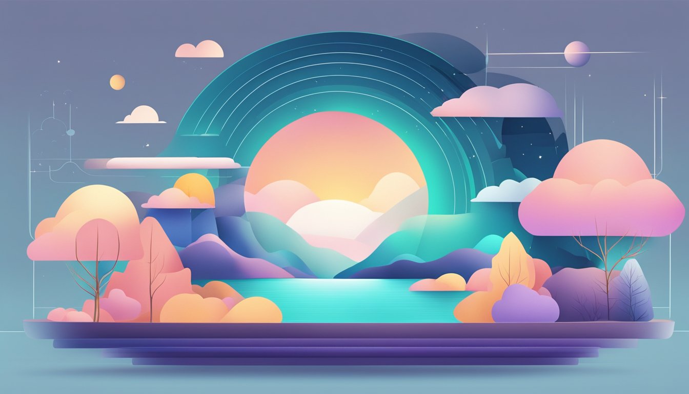 A serene digital landscape with calming colors and abstract shapes,
representing mental clarity and focus. Various digital resources are
depicted, symbolizing the advancement of mindfulness
online