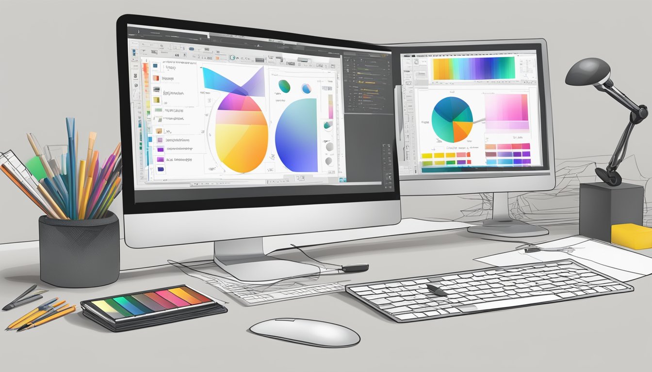 A computer screen displaying graphic design software with various
tools and a mouse. A notebook with sketches and color swatches sits next
to the
computer