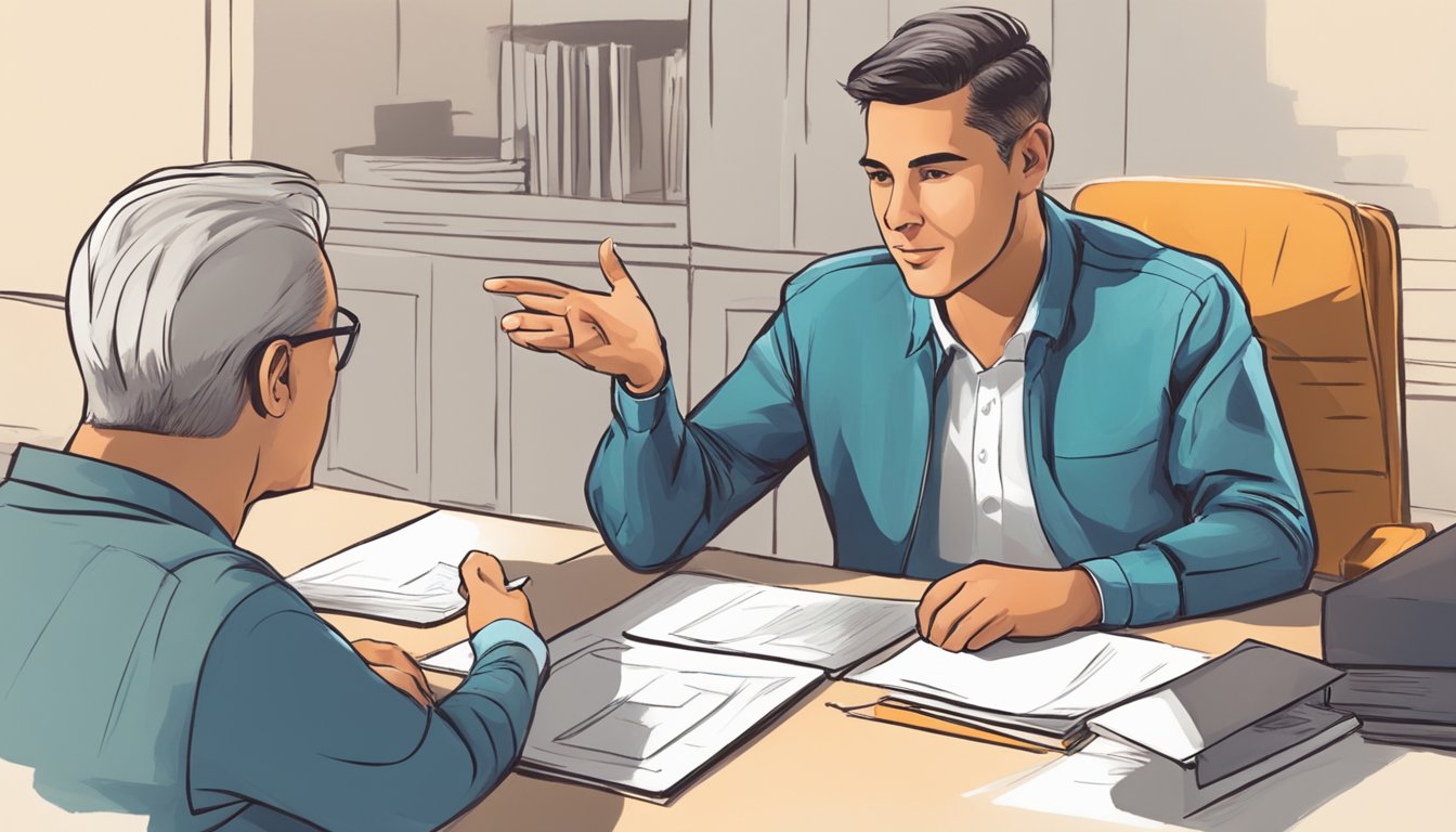 A figure sits across from a mentor, listening intently as the mentor
shares wisdom and guidance. The mentor gestures and points to emphasize
key points, creating a dynamic and engaging
scene