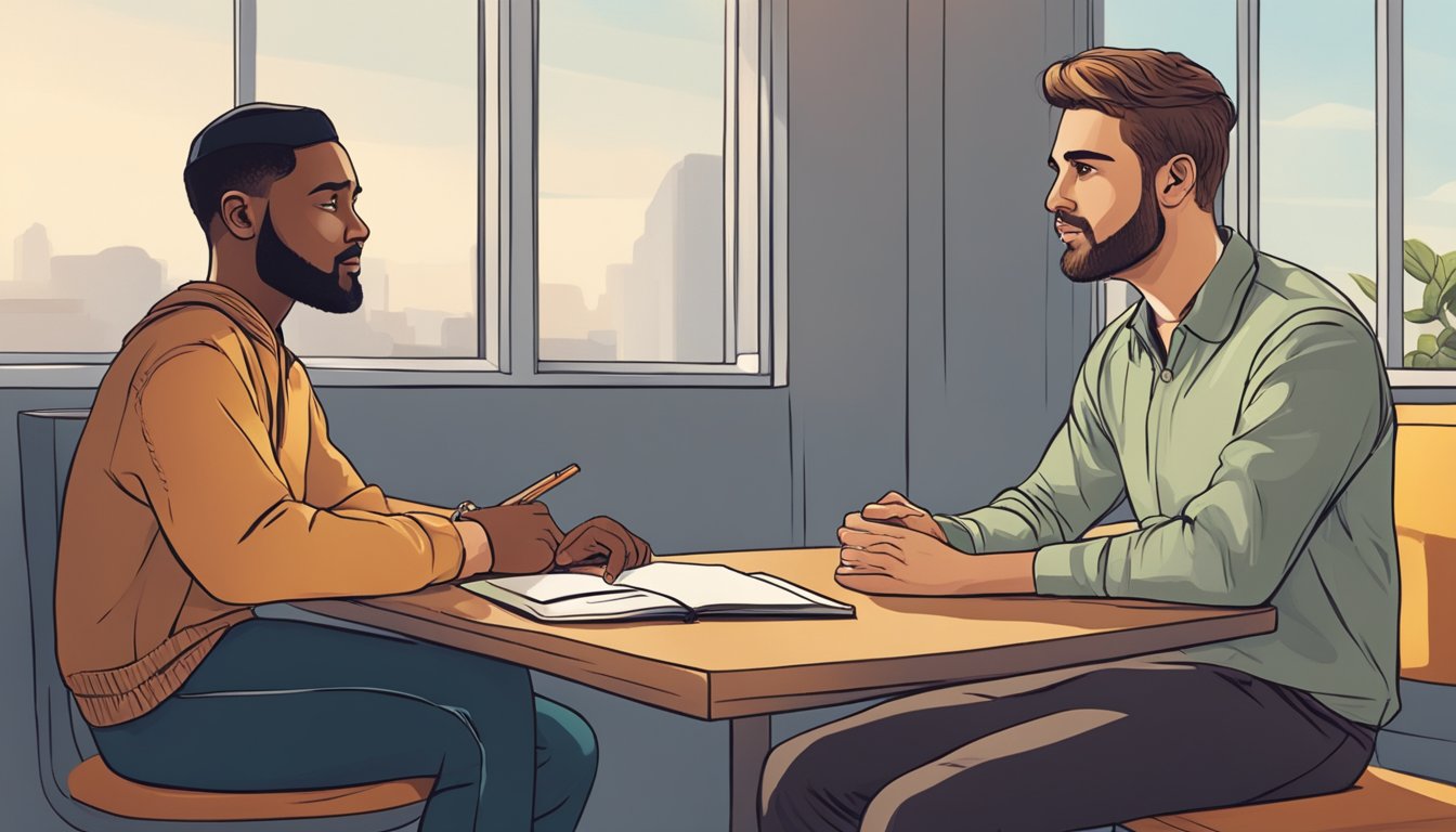 A mentor and mentee sit across from each other, engaged in deep
conversation. The mentor listens intently, offering guidance and wisdom,
while the mentee absorbs the knowledge with a look of determination and
gratitude