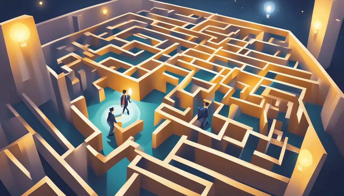 A mentor guiding a mentee through a maze of obstacles towards a
shining light of
success