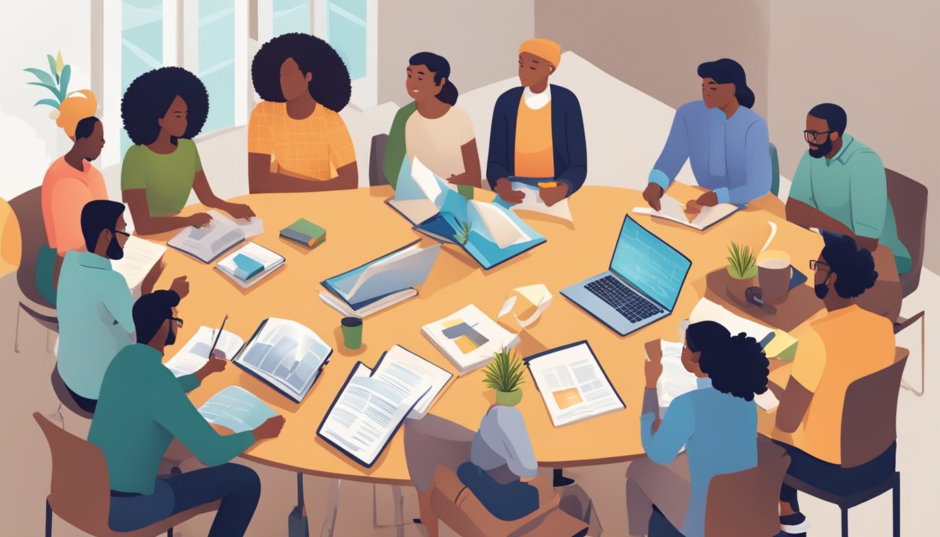 A group of diverse individuals gather around a table, sharing
knowledge and experiences. Books, resources, and technology are spread
out, symbolizing the exchange of mentorship and personal
growth