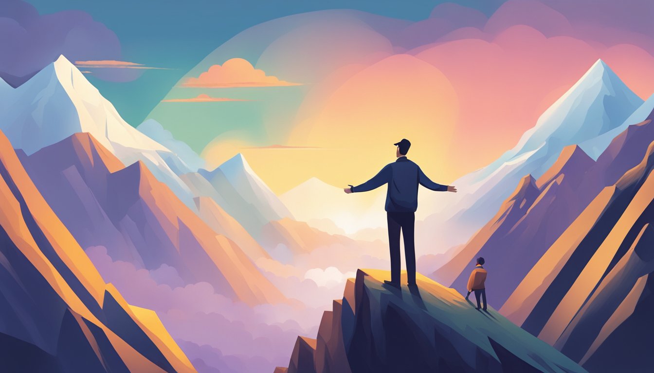 A figure standing on a mountain peak, reaching out to a smaller figure
below. The smaller figure looks up in awe, representing the
transformative power of
mentorship
