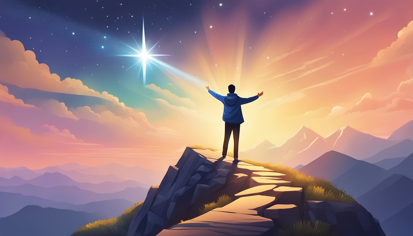 A figure stands on a mountain peak, reaching out towards a shining
star in the sky, symbolizing the journey of finding and learning from
mentors in personal
success