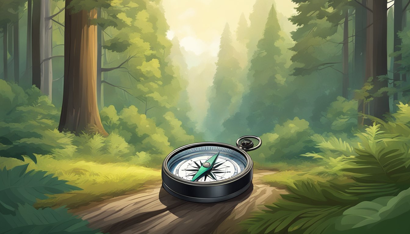 A compass points north in a dense forest, surrounded by towering trees
and a winding trail cutting through the
underbrush