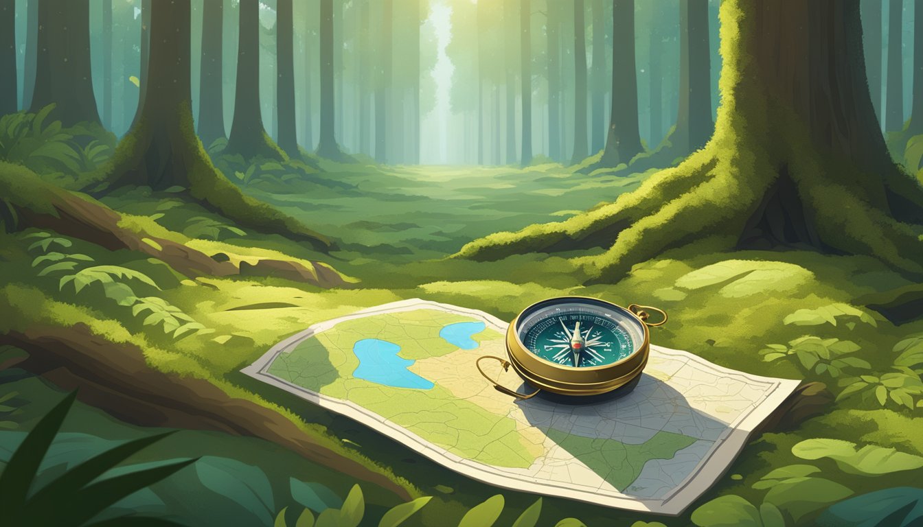 A compass and map lay on a mossy forest floor, surrounded by towering
trees and dappled sunlight. A trail of footprints leads off into the
distance