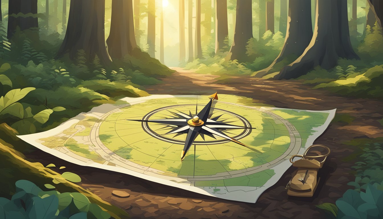 A compass and map lay on the forest floor, surrounded by towering
trees and a winding trail. The sun casts dappled shadows, creating a
sense of adventure and
exploration