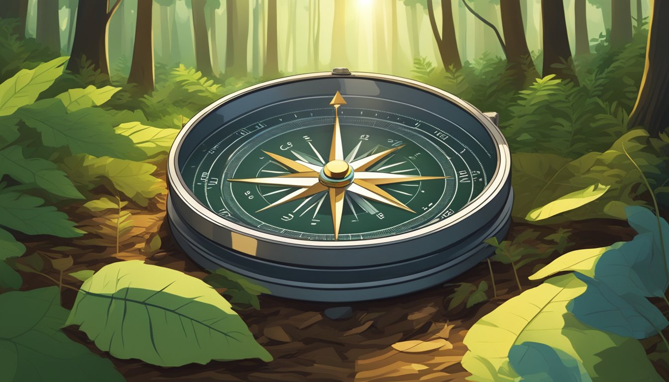 A compass and map lay on the forest floor, surrounded by trees and
bushes. The sun shines through the leaves, casting dappled shadows on
the
ground