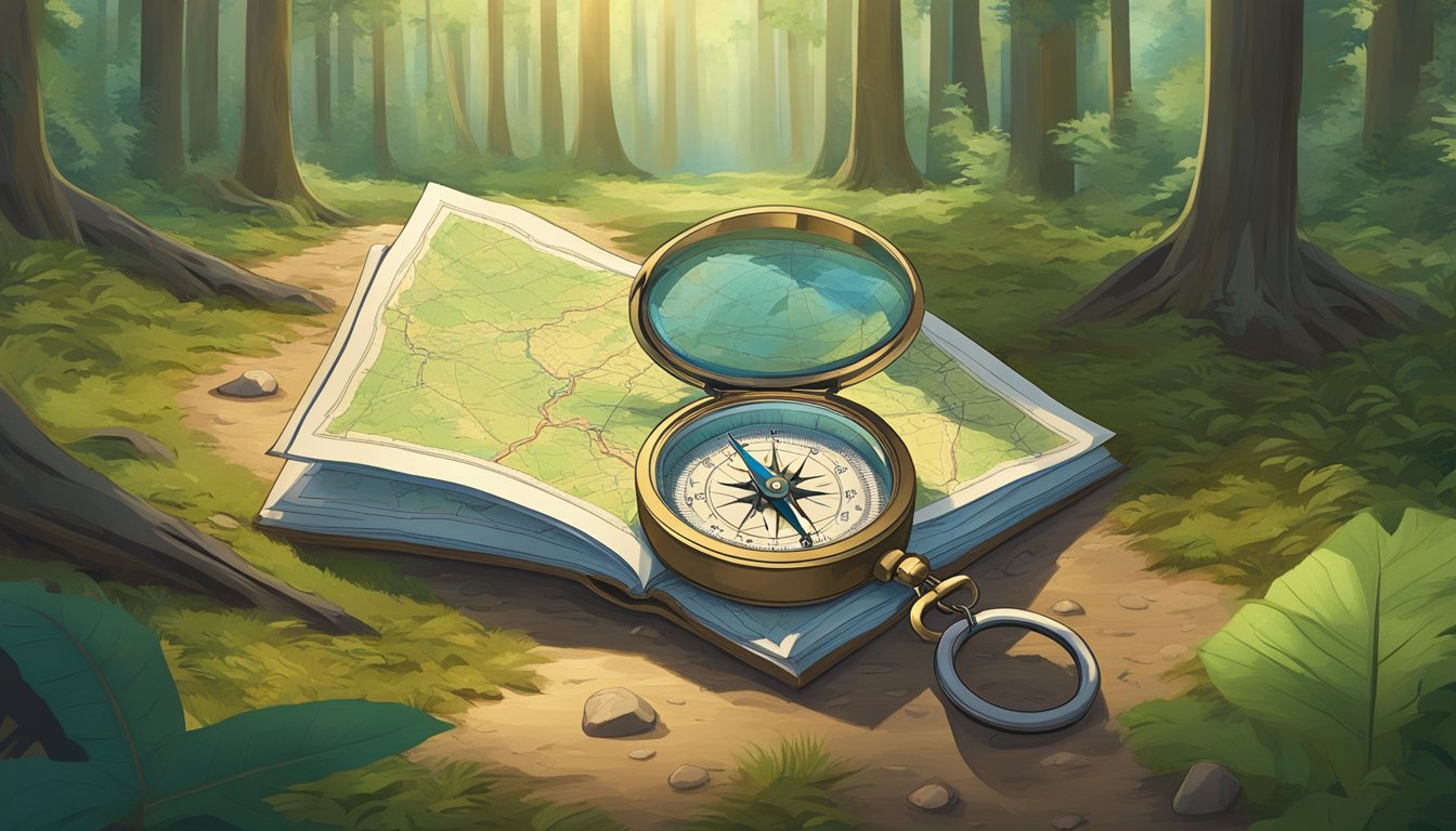 A compass and map lay on the forest floor, surrounded by towering
trees and a winding trail. The sun casts dappled shadows, creating a
sense of mystery and
adventure