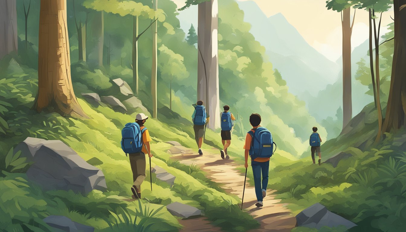A group of beginners and youth navigate through a dense forest using
maps and compasses. They carefully study their surroundings, identifying
landmarks and working together to find their way through the natural
terrain