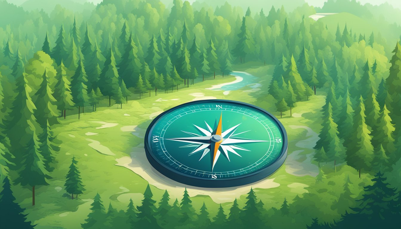 A compass points north in a dense forest. A map is spread out on the
ground, surrounded by towering trees and a bubbling
stream