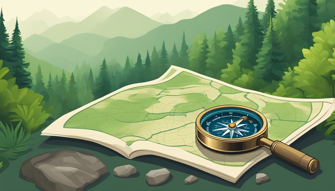 A compass points towards a lush forest with a winding trail. A map is
spread out on a flat rock, with a magnifying glass hovering over
it