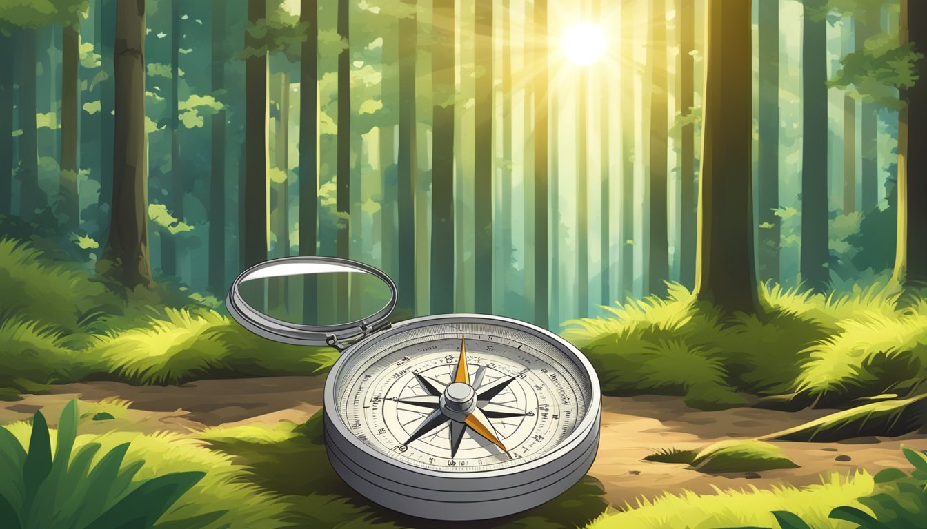 A compass points north in a dense forest clearing. Sunlight filters
through the trees, casting dappled shadows on the mossy
ground
