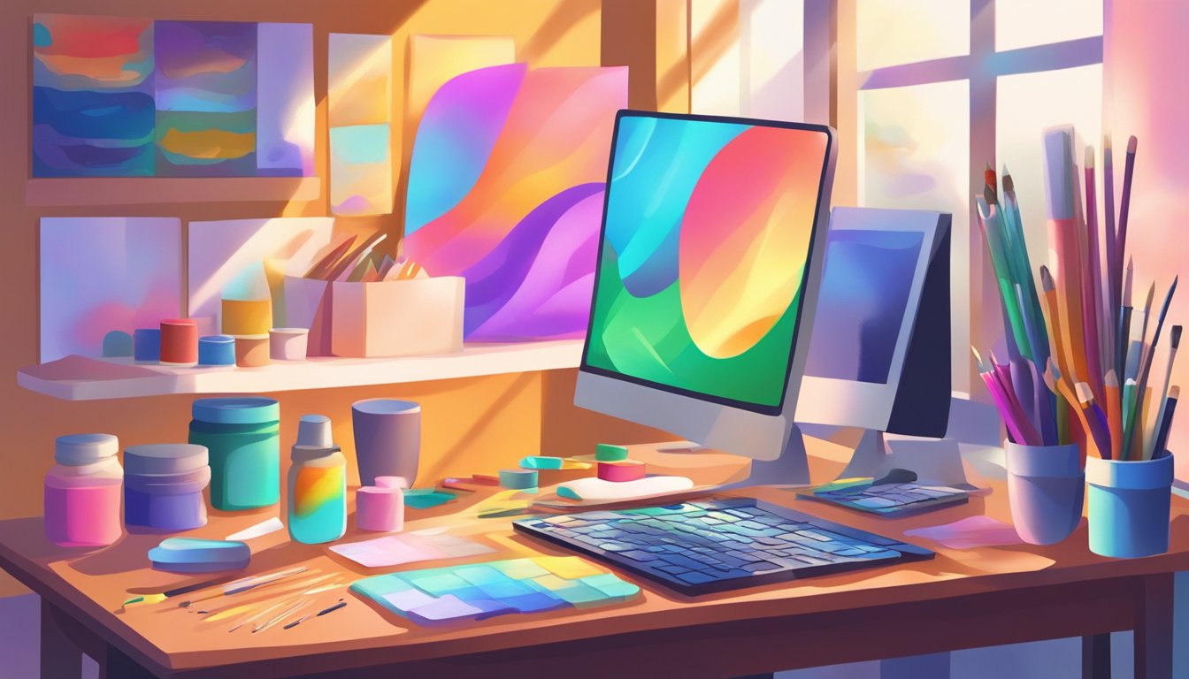 A colorful palette of art supplies spills out of a virtual workshop,
with a computer screen displaying an array of creative projects. Bright
light streams in from a window, illuminating the
space
