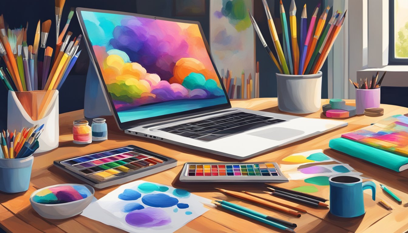 A colorful palette of paintbrushes, pencils, and markers strewn across
a wooden table, surrounded by sketches and canvases. A laptop displaying
an online art workshop with a vibrant and inspiring
image