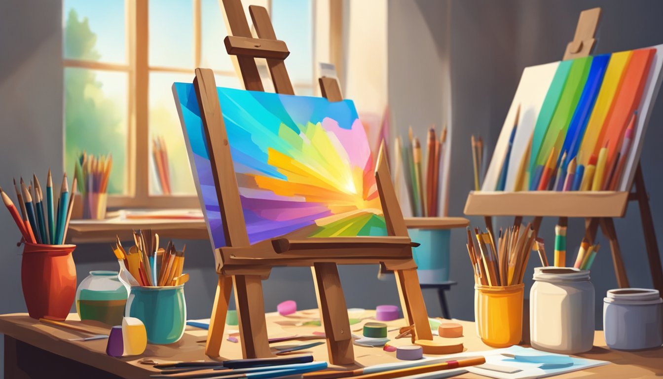 Vibrant colors and diverse art supplies scatter around a sunlit
studio. An easel holds a blank canvas, ready for a burst of
creativity