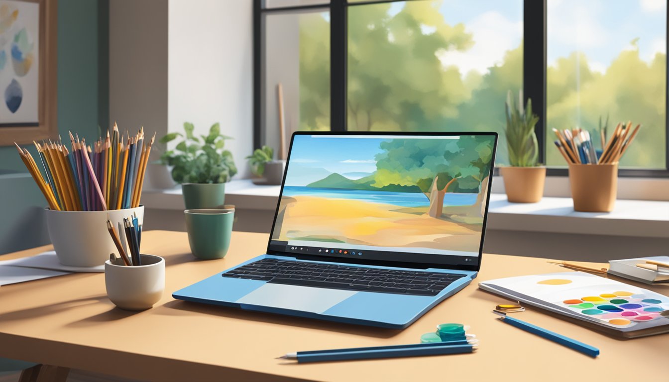 A laptop and art supplies sit on a table, with a virtual art workshop
displayed on the screen. The room is filled with natural light, creating
an inviting and accessible atmosphere for
creativity