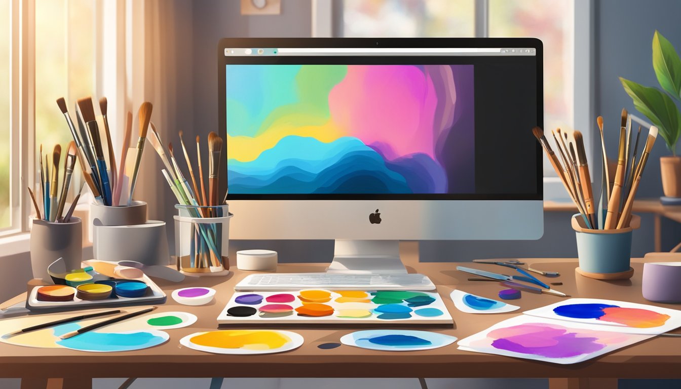 A colorful palette of paints and brushes arranged on a table, next to
a laptop displaying an online art workshop. The room is filled with
natural light, and a blank canvas awaits the artist’s
inspiration