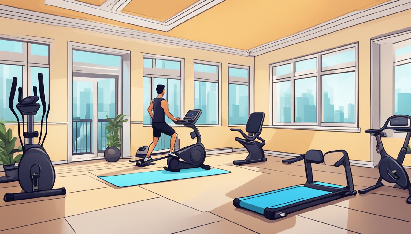 A bright, open room with exercise equipment arranged for easy access.
A laptop or tablet is positioned nearby for online fitness
programs