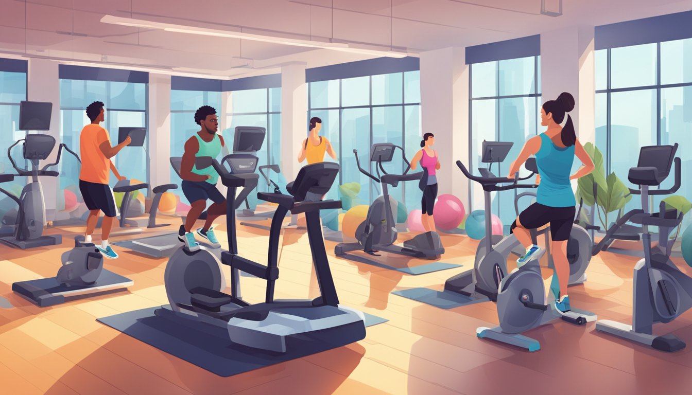 A vibrant gym setting with modern equipment and technology, surrounded
by diverse individuals working out at their own pace and
style