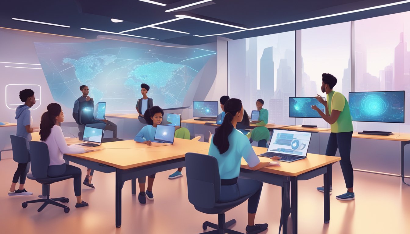 A futuristic virtual classroom with holographic displays, AI tutors,
and students from diverse backgrounds engaging in interactive learning
activities