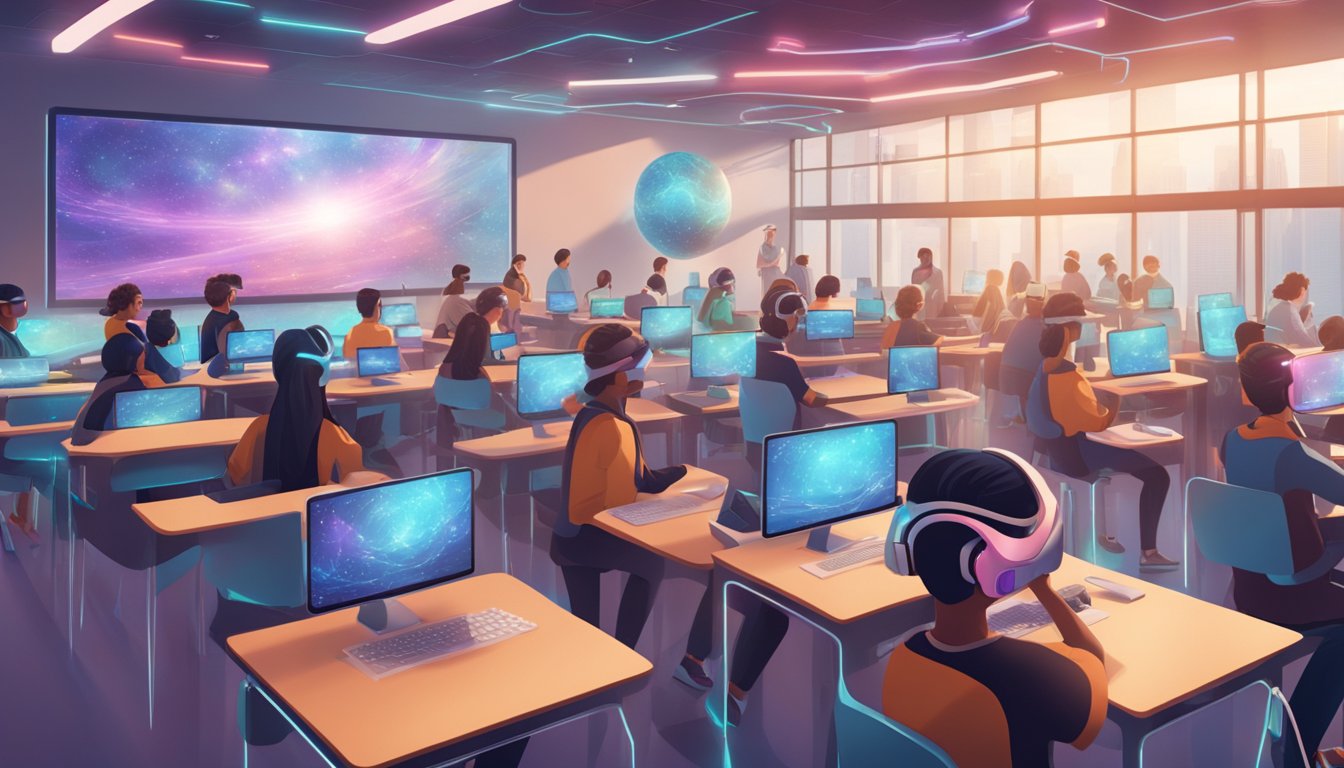 A futuristic classroom with holographic displays, AI tutors, and
students using virtual reality headsets for immersive learning
experiences