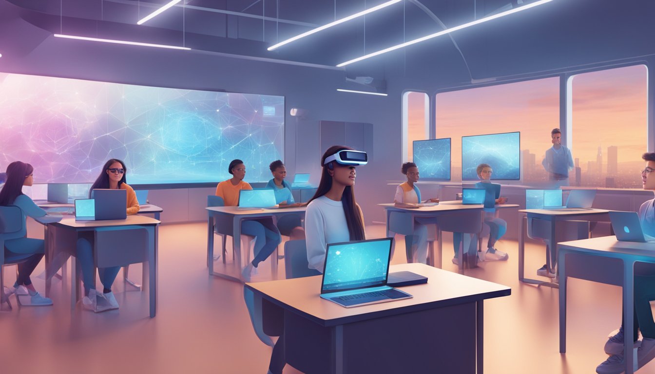A futuristic classroom with holographic displays and AI tutors.
Students interact with virtual reality headsets and use advanced
learning
software