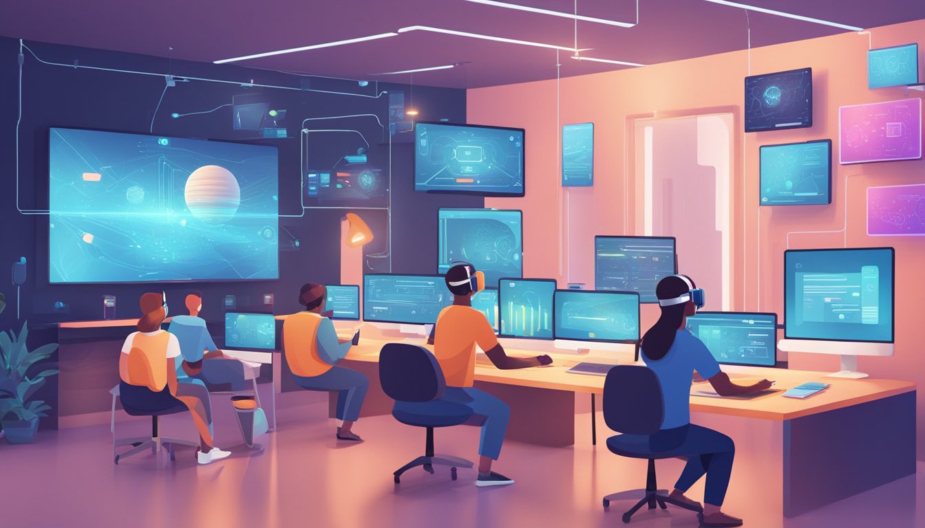 A digital interface displays interactive content on a screen,
surrounded by virtual reality headsets and various electronic devices.
The scene exudes a futuristic and engaging online learning
environment