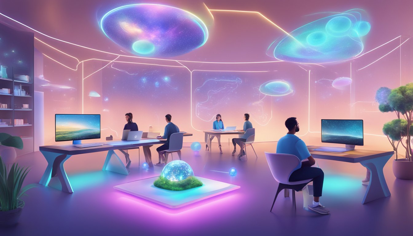 A futuristic online learning landscape with holographic displays, AI
tutors, and virtual collaboration
spaces