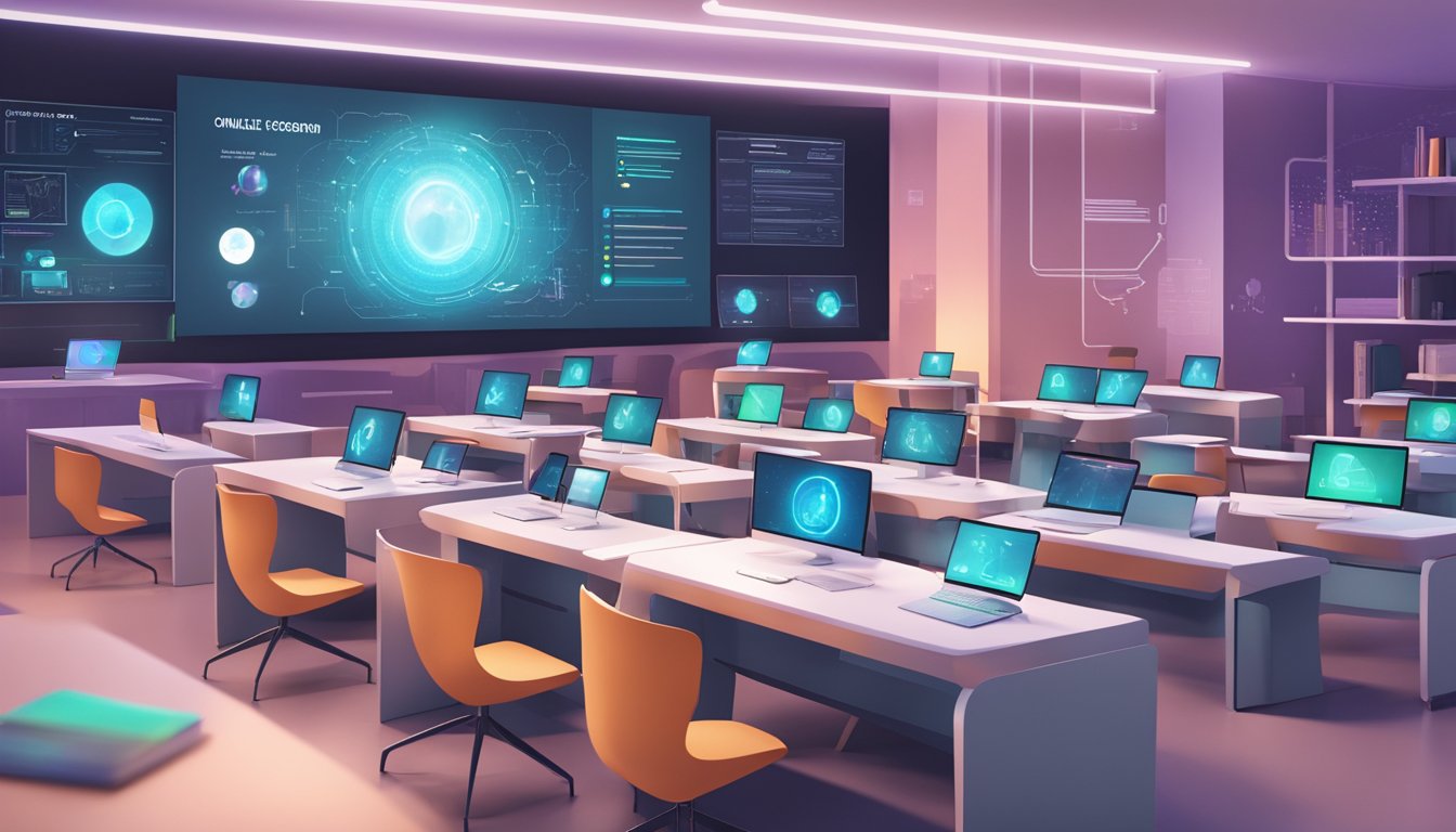 A futuristic digital classroom with interactive screens and
holographic displays, showcasing diverse online courses and content
development trends for 2024 and
beyond