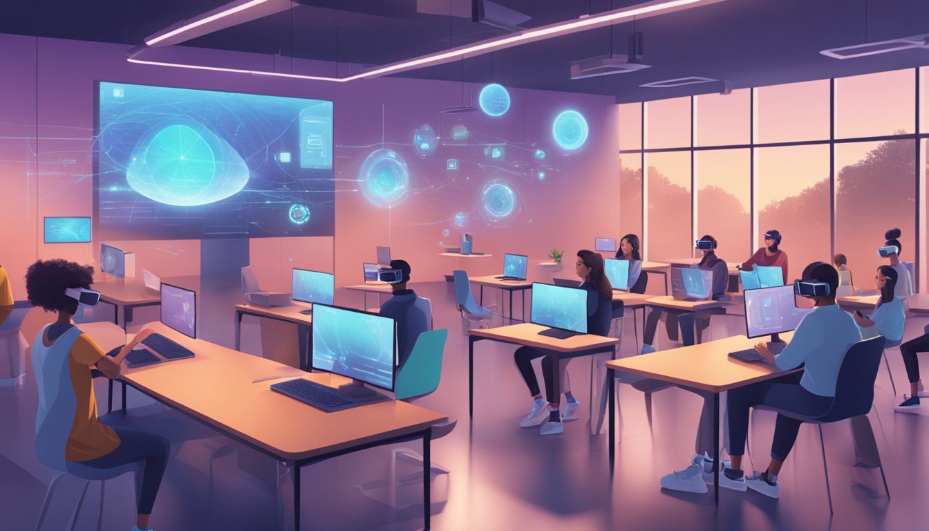 A futuristic classroom with holographic screens and AI assistants,
students engaging in virtual reality simulations, and discussions on
ethical dilemmas in online
education