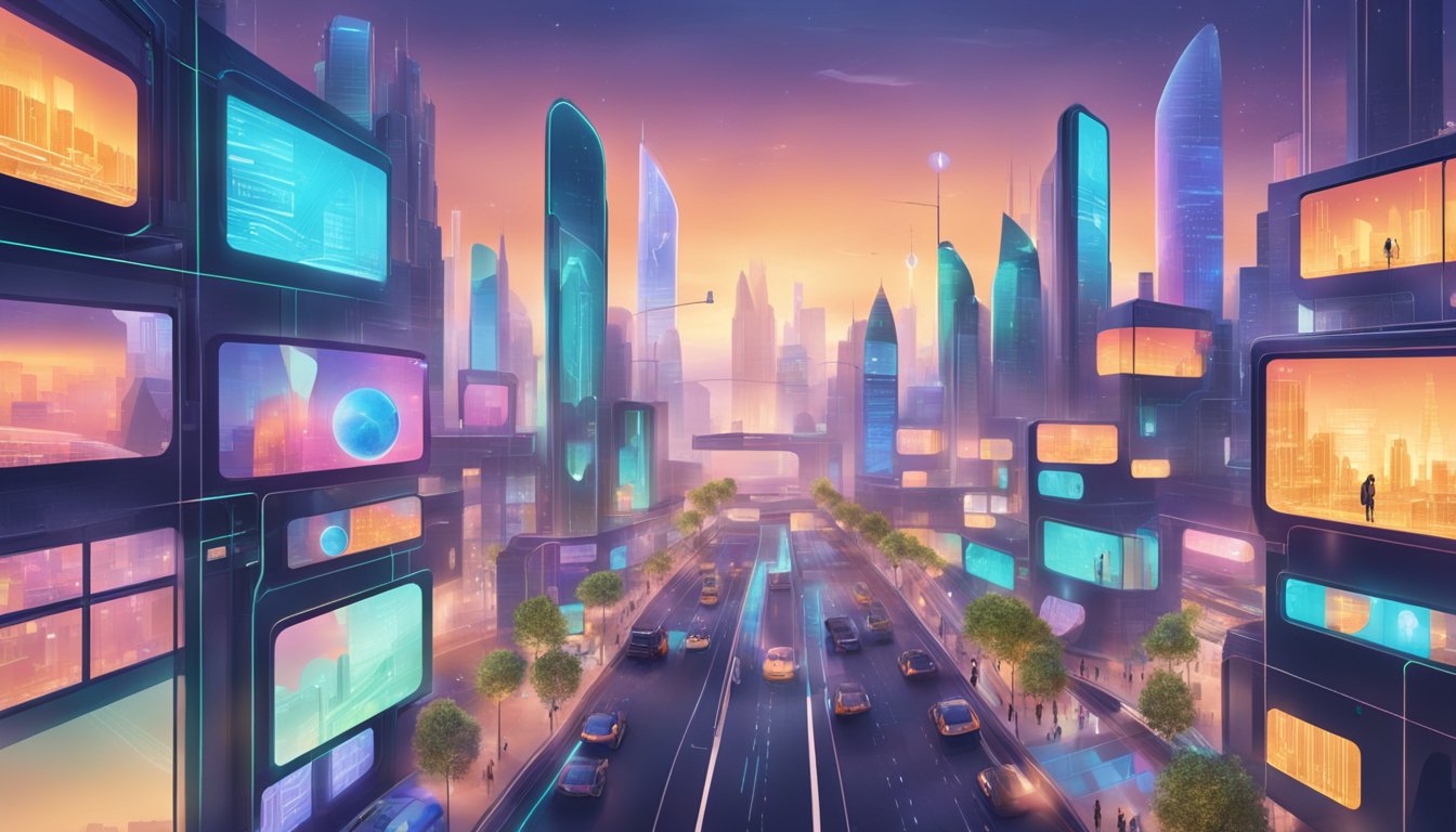 A futuristic cityscape with digital screens displaying online learning
trends for 2024 and beyond, with interconnected virtual classrooms and
students engaging in interactive learning
activities