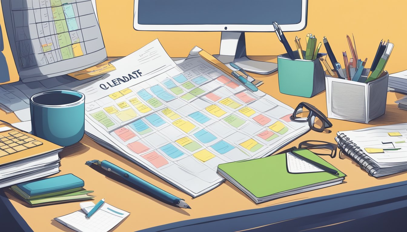 A cluttered desk with a calendar showing overdue tasks, a clock
ticking, and a person’s to-do list with unchecked
items
